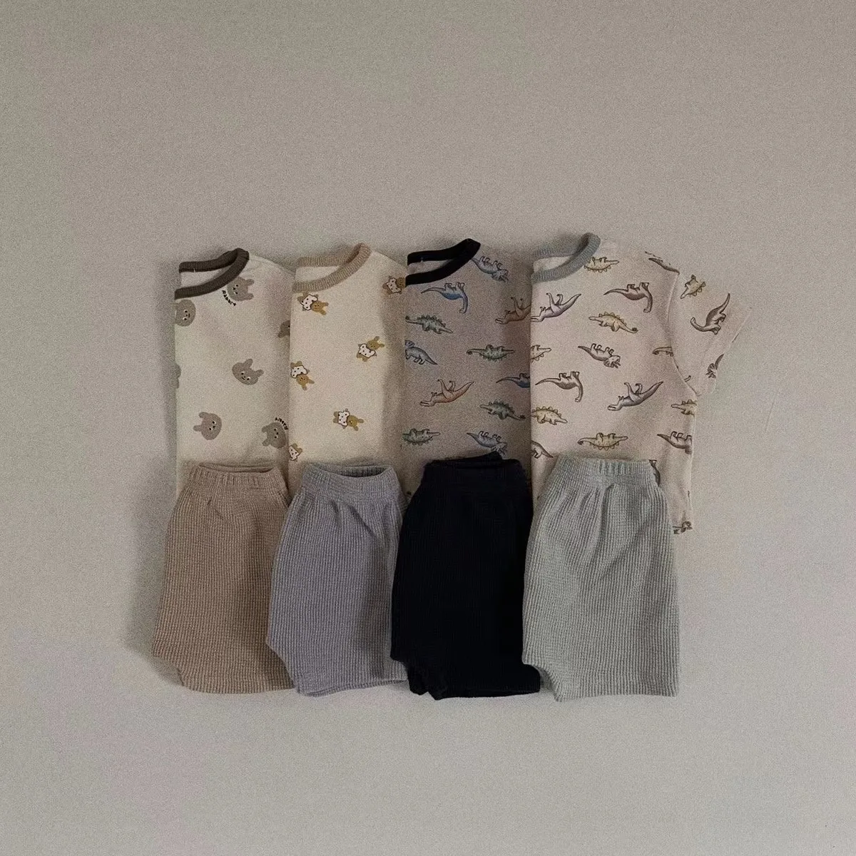 

Summer Children Cartoon T-shirt Tees Suit Kid Boy Animal Print Short Sleeve Tops + Solid Shorts 2pcs Girl Baby Cotton Tees Set