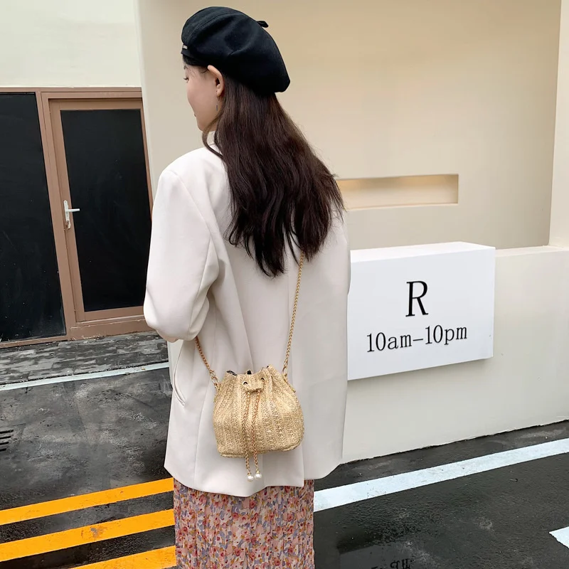 Summer trend straw bag 2022 new simple chain messenger one shoulder fashion portable bucket bag