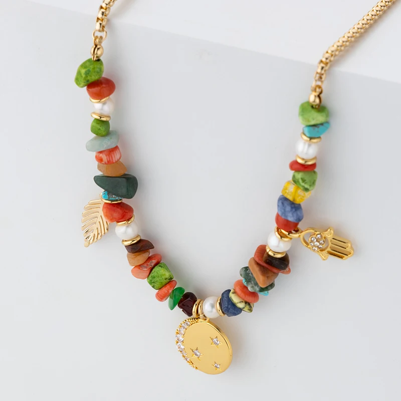 

Jaeeyin 2021 Fashion Jewelry Colorful Natural Stone Freshwater Pearl Gold Color Leaf Fatima Hand Coin Pendant Bohemia Necklace
