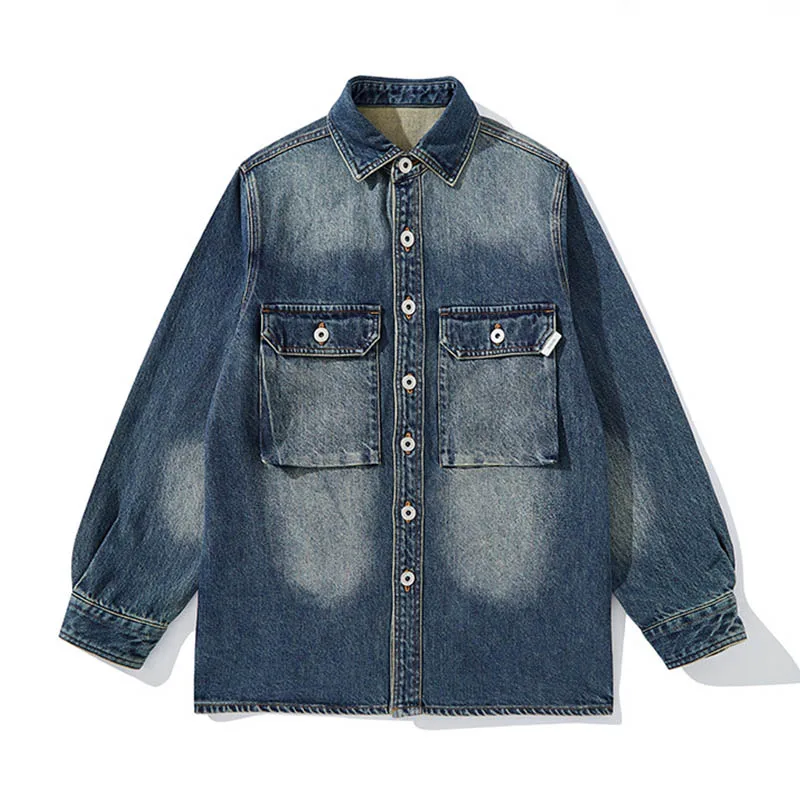 Men Spring Autumn Cargo Casual Denim Shirts Solid Color Blue Color Jeans Tops For Male