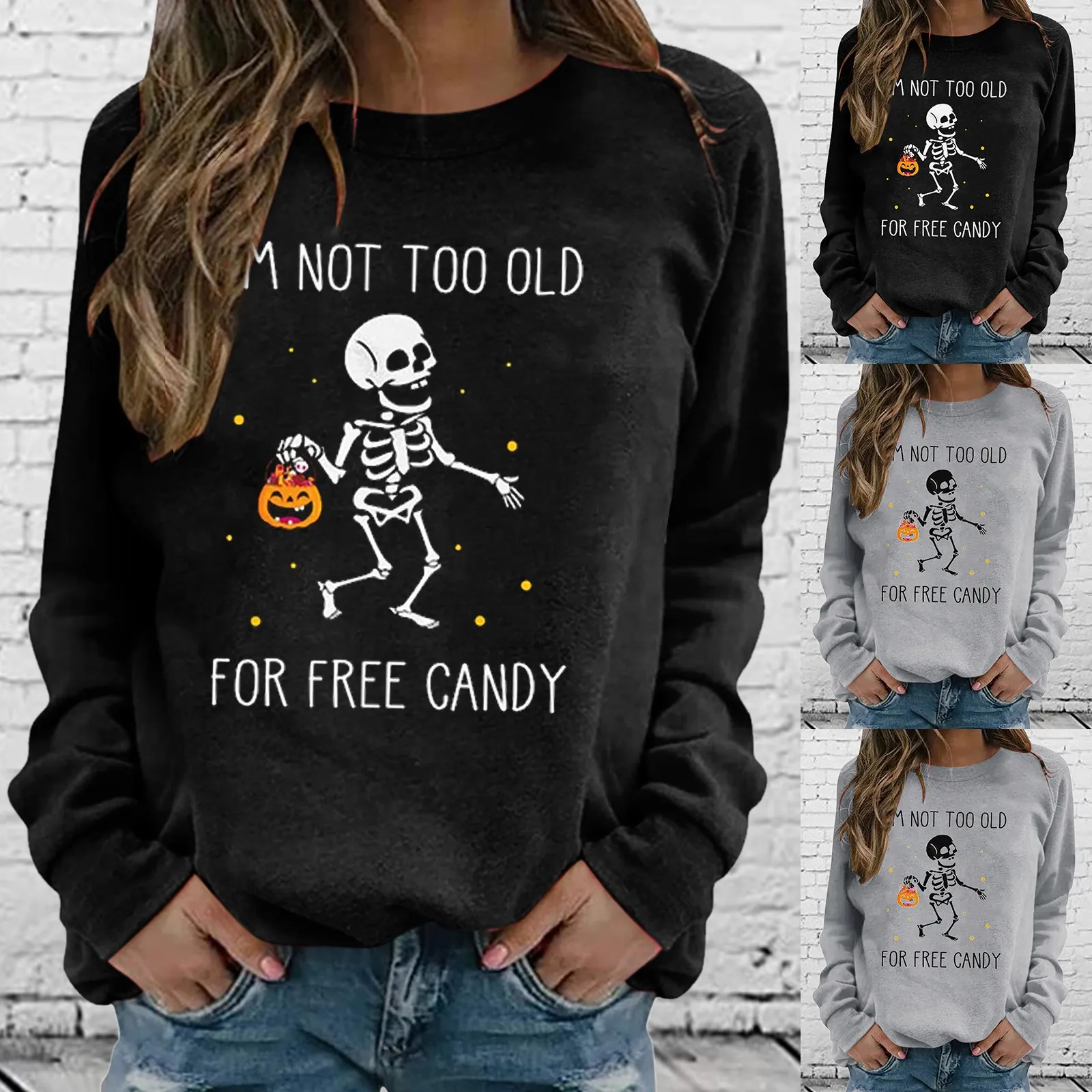 

Sweatshirt Ladies Hoodie Halloween Womens Casual Long Sleeve Crew Neck Skeleton Printed Hoodless Pullover Sweatshirt Top Gnome