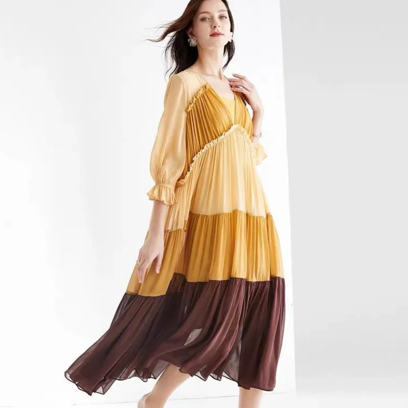 

4XL Summer Large Dresses Women Color Blocked Chiffon Dress Three Quarter Sleeve Loose Big Swing Super Slim Beach Holiday Dress