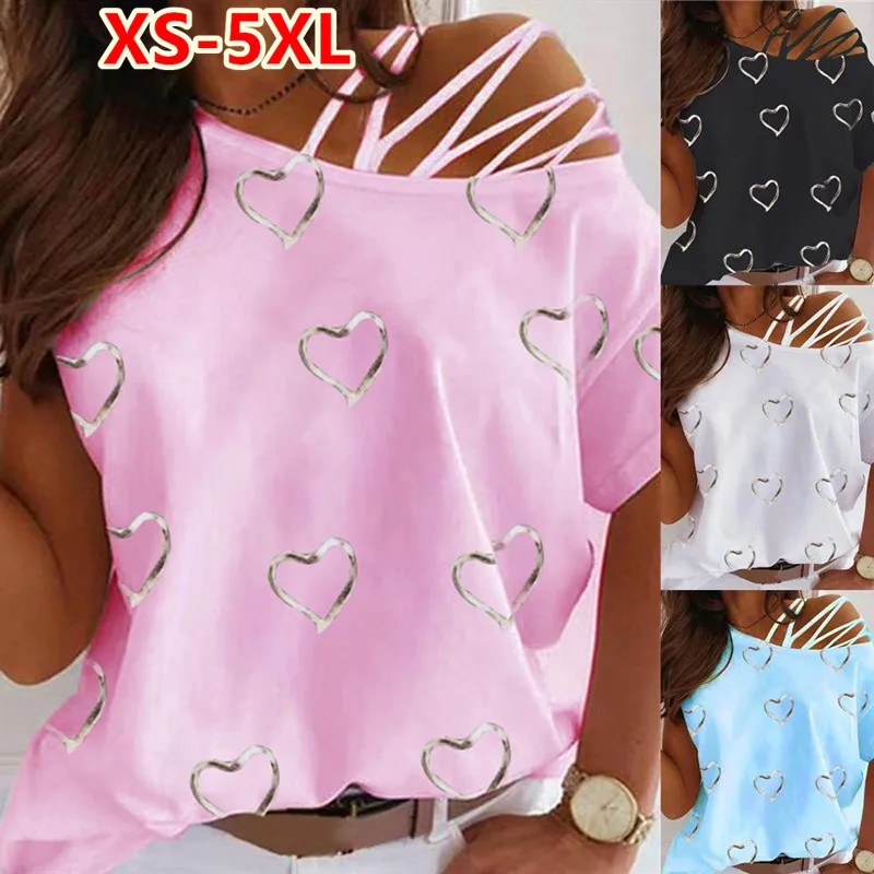 

Women Fashion Summer Tee Casual O-neck Short Sleeve Shirts love Printed Tops Ladies Loose Cotton T-shirts XS-5XL