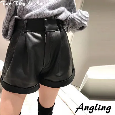 Tao Ting Li Na Genuine Leather Shorts Women High-Waist All-Match Wide-Leg Real Sheep Leather Shorts G11