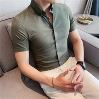 classic striped shirts for men summer short sleeve slim casual shirt elasticity business social formal dress shirts man clothing