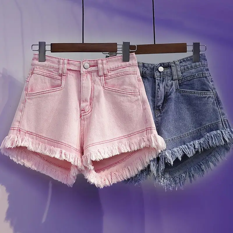 Large Size High Waist Denim Tassel Raw Edge Shorts Women'S Loose Wide-Leg Hot Pants Summer Fashion Korean Clothing 2023 New