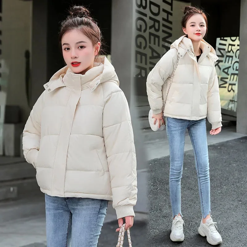 

New 2023 Winter Jacket Womens Short Korean Loose Down Cotton Jackets Female Top Thicken Short Hooded Casual Parka Coat Outerwear