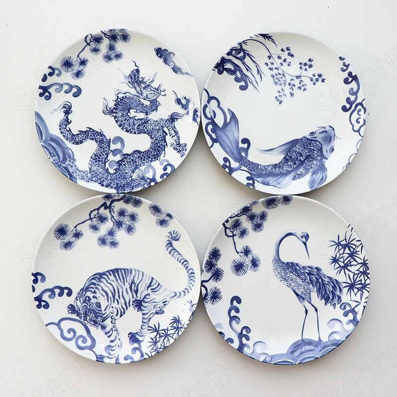 

Chinese Painted Auspicious Animals Dessert PlatesVintage Blue and White Underglaze Ceramic Dinner Plate Afternoon Tea Tableware