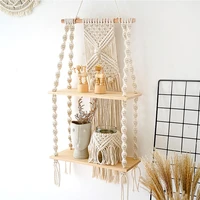 boho woven wall hanging tapestry solid color hand woven tassel lace plant flower pot storage wooden frame balcony decoration