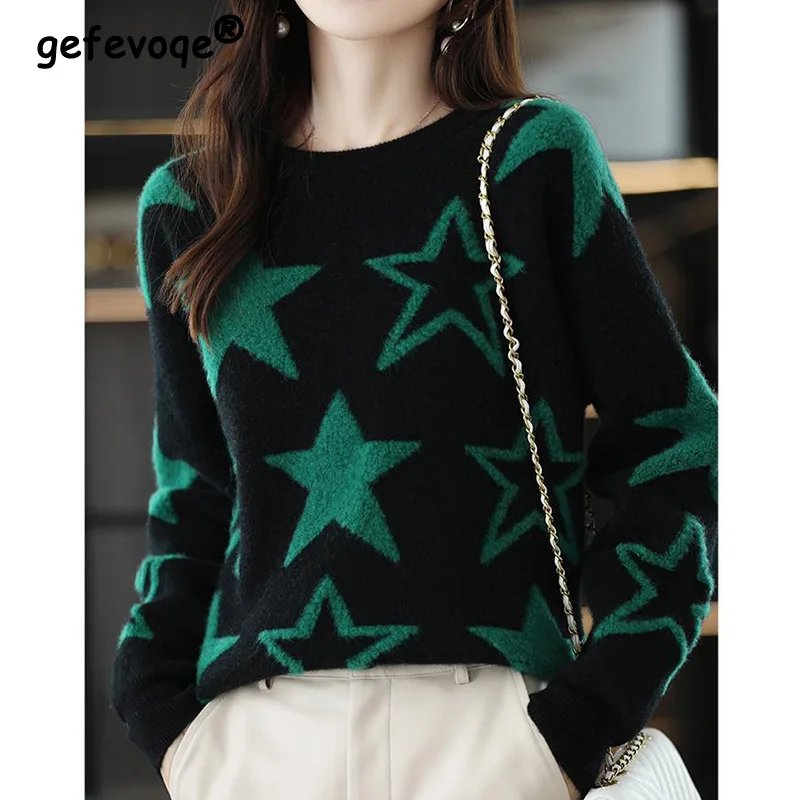Осенне-зимний новый пуловер с пятиконечной звездой и круглым вырезом