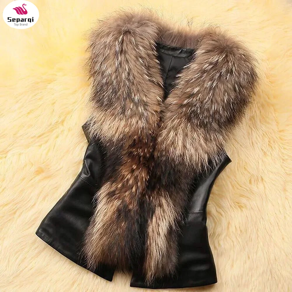 

Free Shipping Women Faux Rabbit Fur Vest With Raccoon Fur Collar Waistcoat/jackets Rex Rabbit Knitted Winter PU Vest Coat
