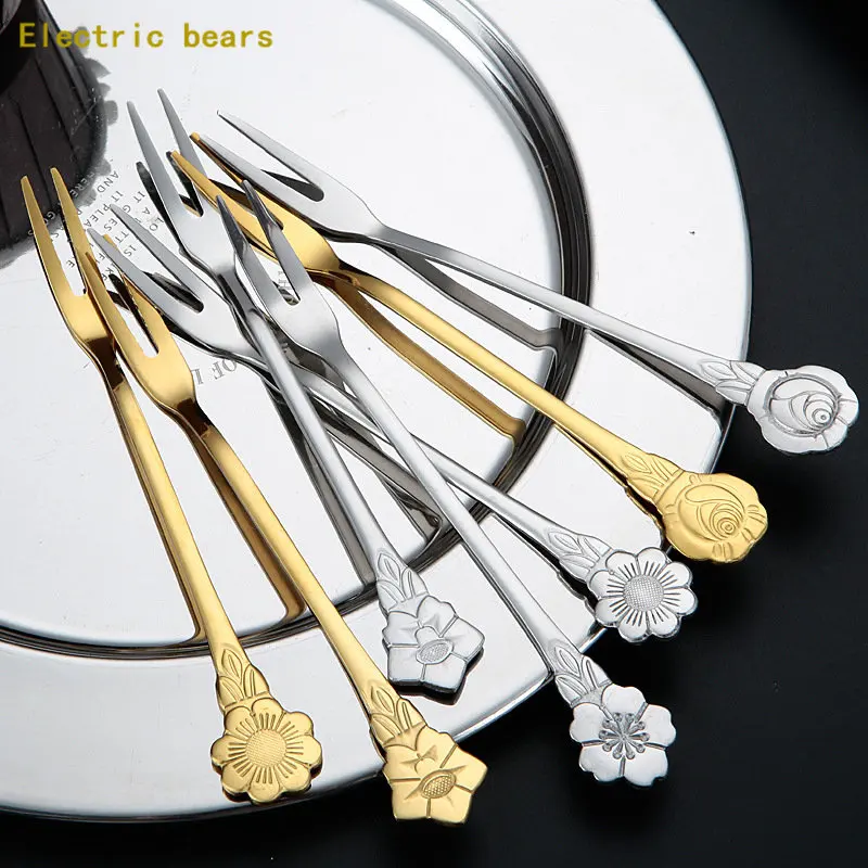 

4pcs Flower shape Two-tine Fork Stainless Steel Fruit Fork Set Dessert Forks cake-fork Tableware Home Flatware Accessories