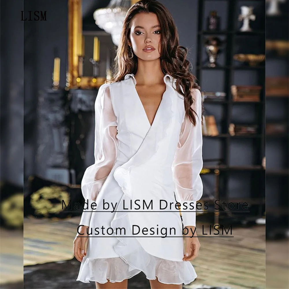 

LISM White V-neck A-line Organza Short Prom Gowns With Full Sleeves Ruffles Above Knee Elegant Simple Robe De Soirée Morden Chic