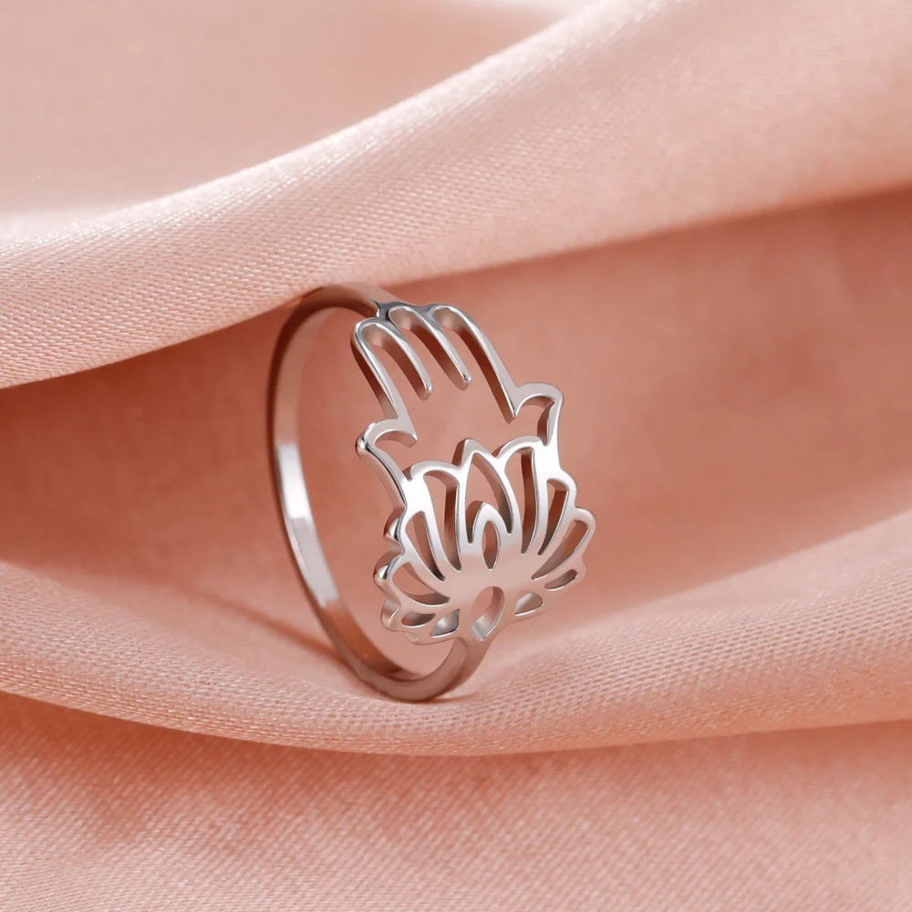 

COOLTIME Lotus Flower Hamsa Hand of Fatima Rings Stainless Steel Rings for Women Amulet Jewlery Gift
