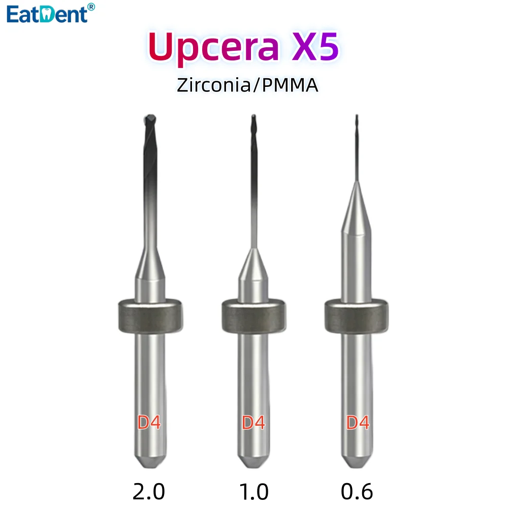 Фото Фрезы для зуботехнических станков Upcera X5 с алмазным покрытием для циркония и PMMA, хвостовик 4 мм, длина 45 мм, диаметры 2.0/1.0/0.6 мм, для шлифовки и резки №1
