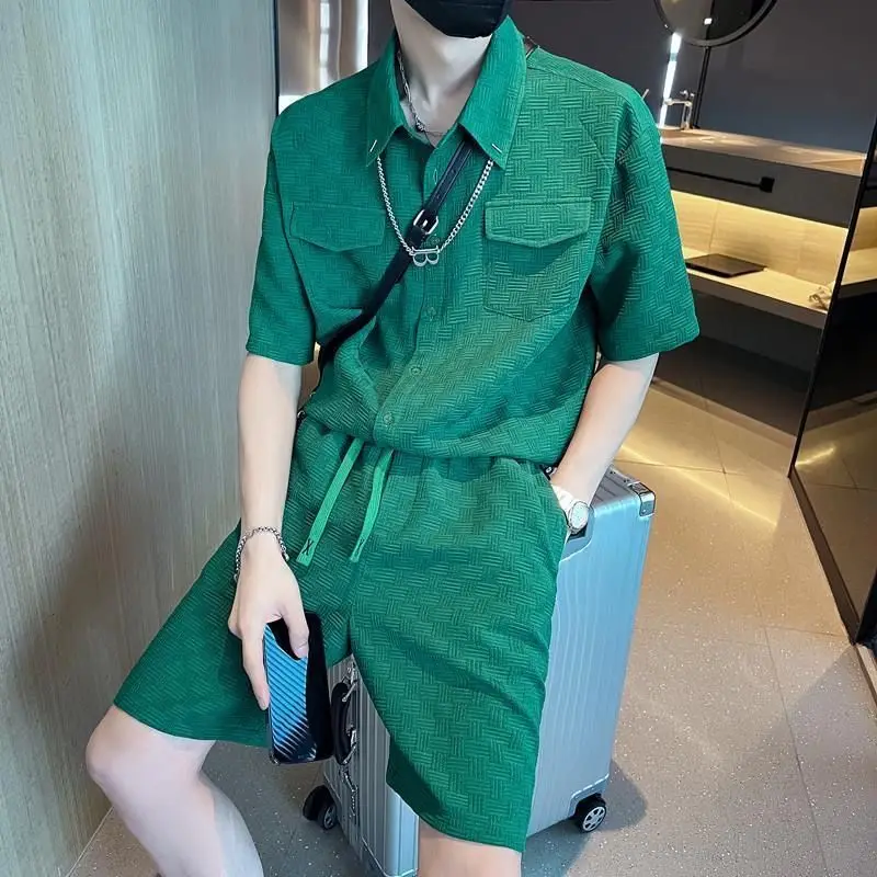 

Мужской костюм, Новинка лета 2022, дизайнерская рубашка с короткими рукавами и шортами, мужская модель, красивая модель в Корейском стиле