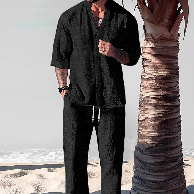 

Summer Men Leisure Suits Vintage Solid Color Two Piece Mens Set Casual Short Sleeve V Neck Button T Shirt And Pants Tracksuit