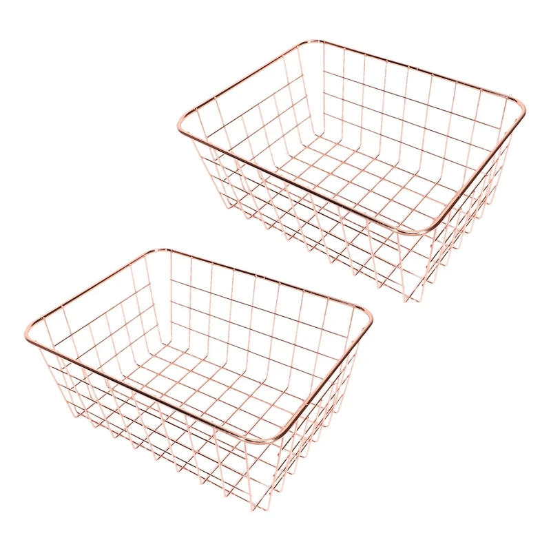 

2X Nordic Style Metal Wire Storage Basket Cosmetic Organizer Holder Home Office Desk Toiletry Collection Shelf-Rose Gold