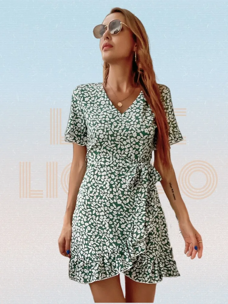 

Green Floral Dress Women Short-sleeved Lace-up Waist V-neck Short Dress Summer A-line Bohemian Flounced Edge Mini Dress 2022