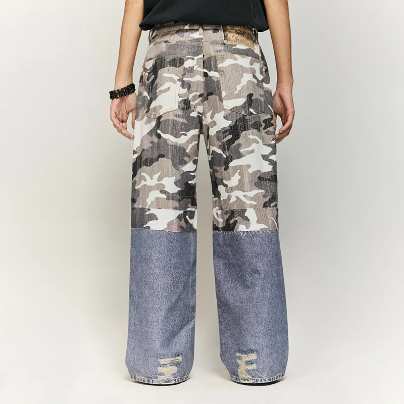 Retro Tattered Jeans Stitched Camouflage Printed Men and Women Street Fashion Brand Loose Wide-Leg Draggle-Tail Trousers