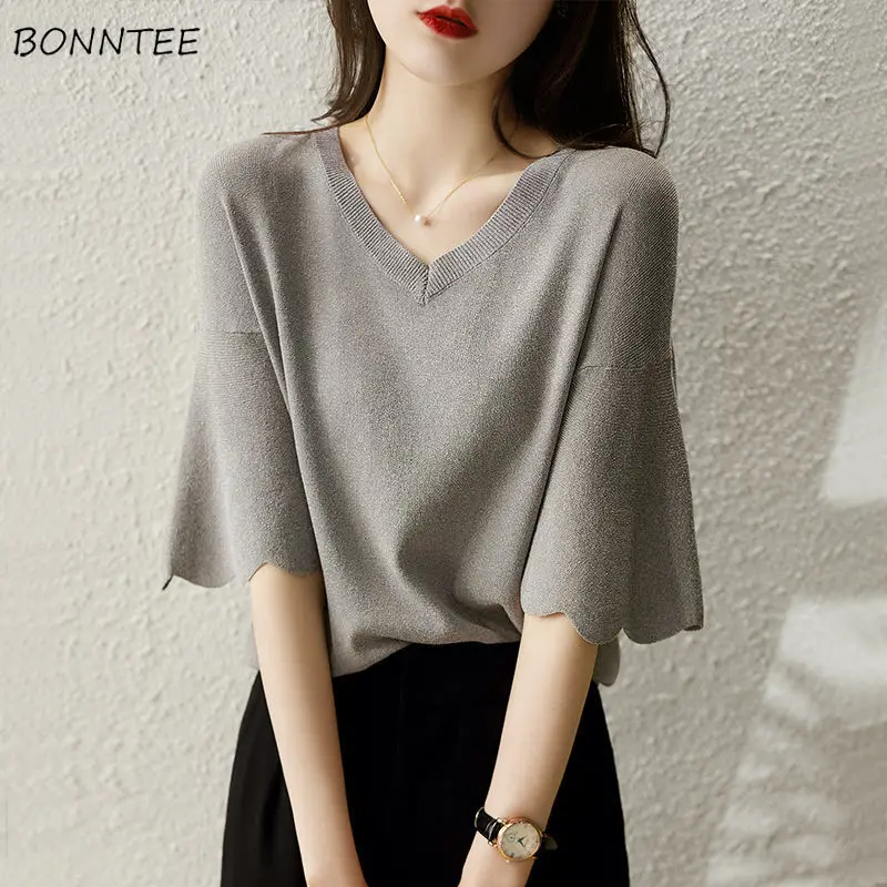 

Flare Sleeve T-shirts Women V-neck Sexy Loose Knitted All-match Elegant Solid Thin Young Soft Футболка Женский Classic Chic Fit
