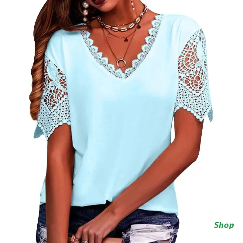 

L5YC Commute Women Solid Color Top Casual Short Sleeve Shirt V-neck Lace Brim Blouses