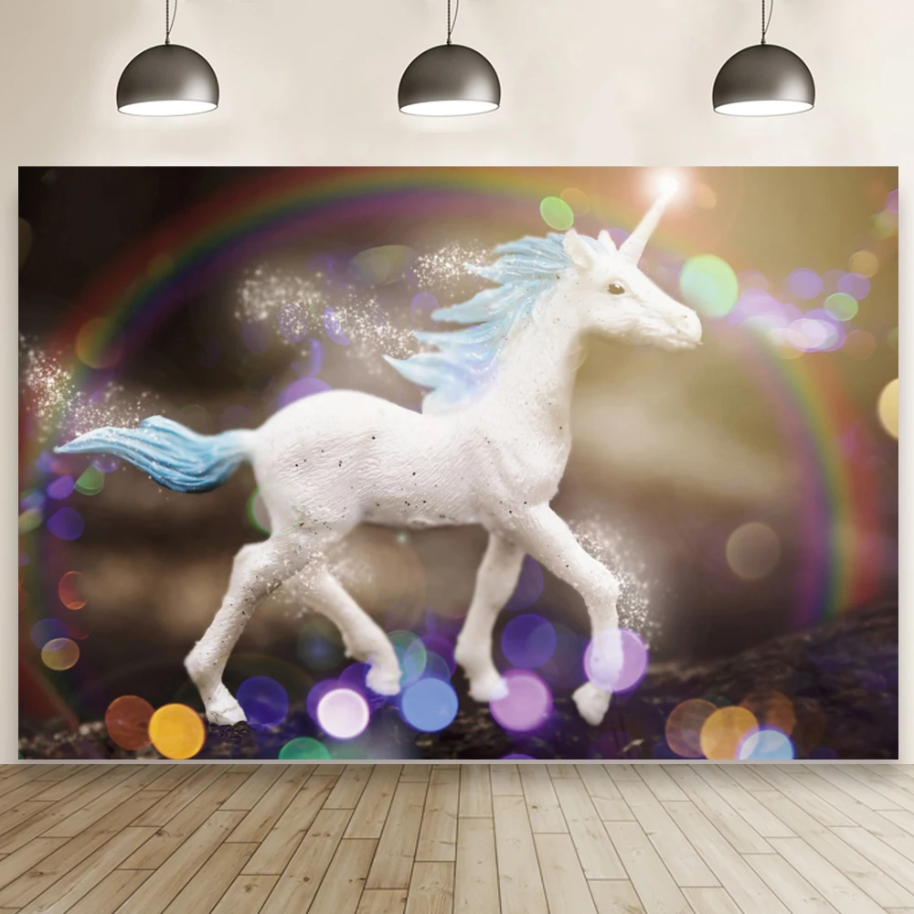 

Running Unicorn Backdrop Happy Birthday for Newborn Baby Shower Cake Table Glitter Background Photo Booth Poster
