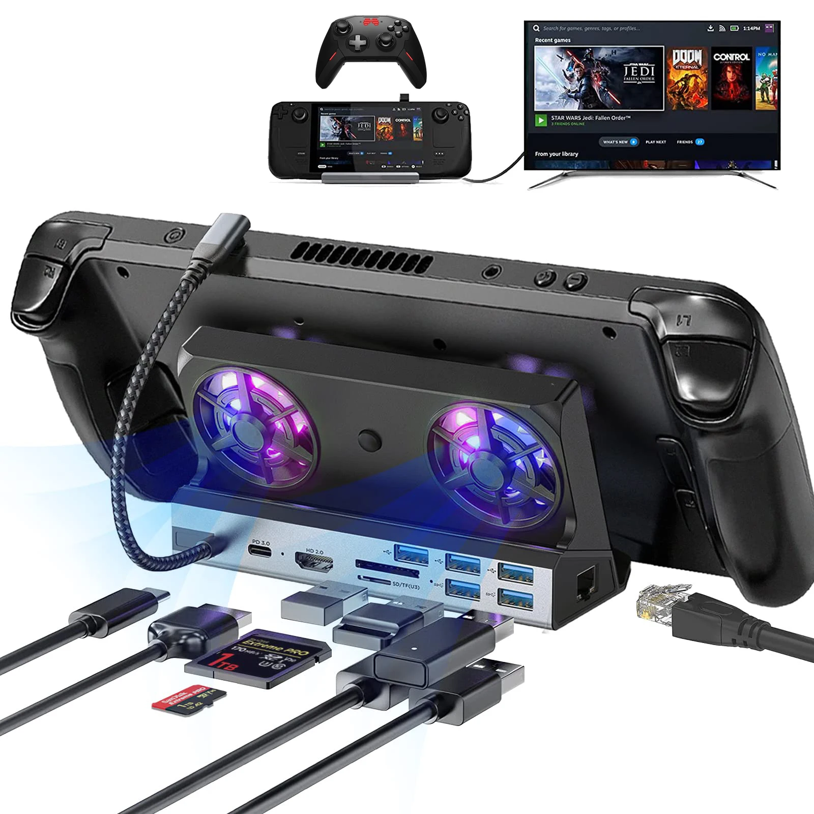 

Steam Deck Dock Docking Station with Fan 10-in-1 HDMI 2.0 4k@60hz Gigabit Ethernet Full Speed Charging USB-C USB 3.0 2.0 SD TF