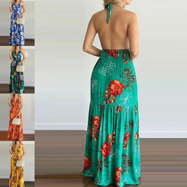 

Autumn Women Flower Print Sexy Backless Dress Ladies Chic Long Sleeve Vintage Maxi Dress Vestidos Female