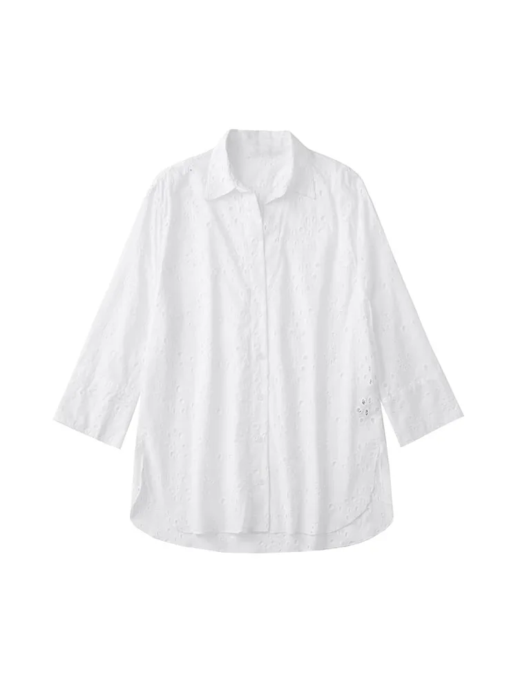 

Женская Асимметричная рубашка с вышивкой, белая Асимметричная однобортная рубашка с винтажным отложным воротником, лето 2022