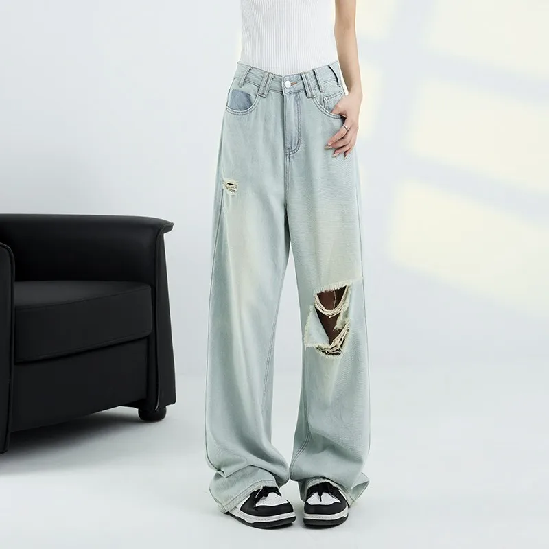 

WCFCX STUDIO Streetwear High-Waist Women's Denim Pants Ripped Korean Fashion Wide-Leg Harajuku Jeans Y2k Baggy Woman's Mom Pants