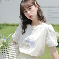 2022 summer ins artistic design sense small flower bubble sleeve stitching embroidery loose short sleeve round neck t shirt wome