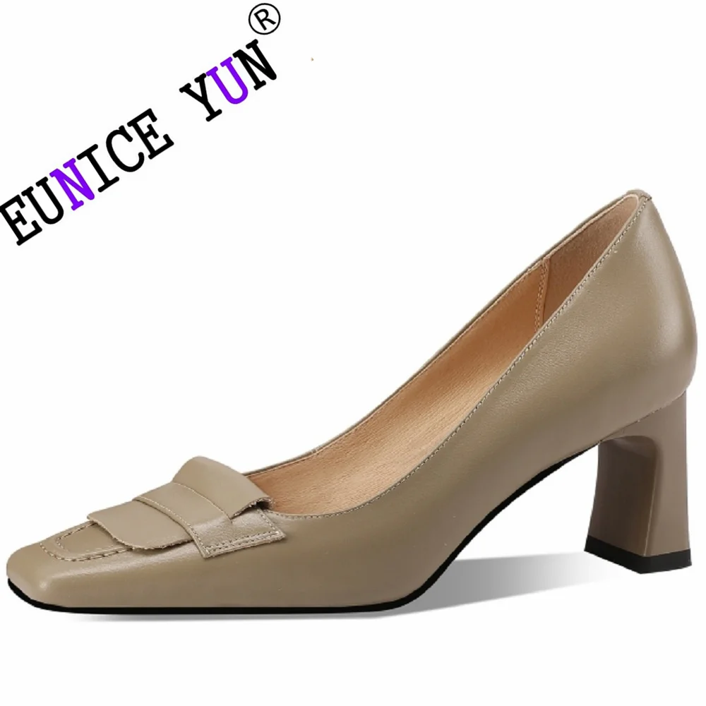 Туфли-лодочки женские из натуральной кожи на толстом среднем каблуке 33-43