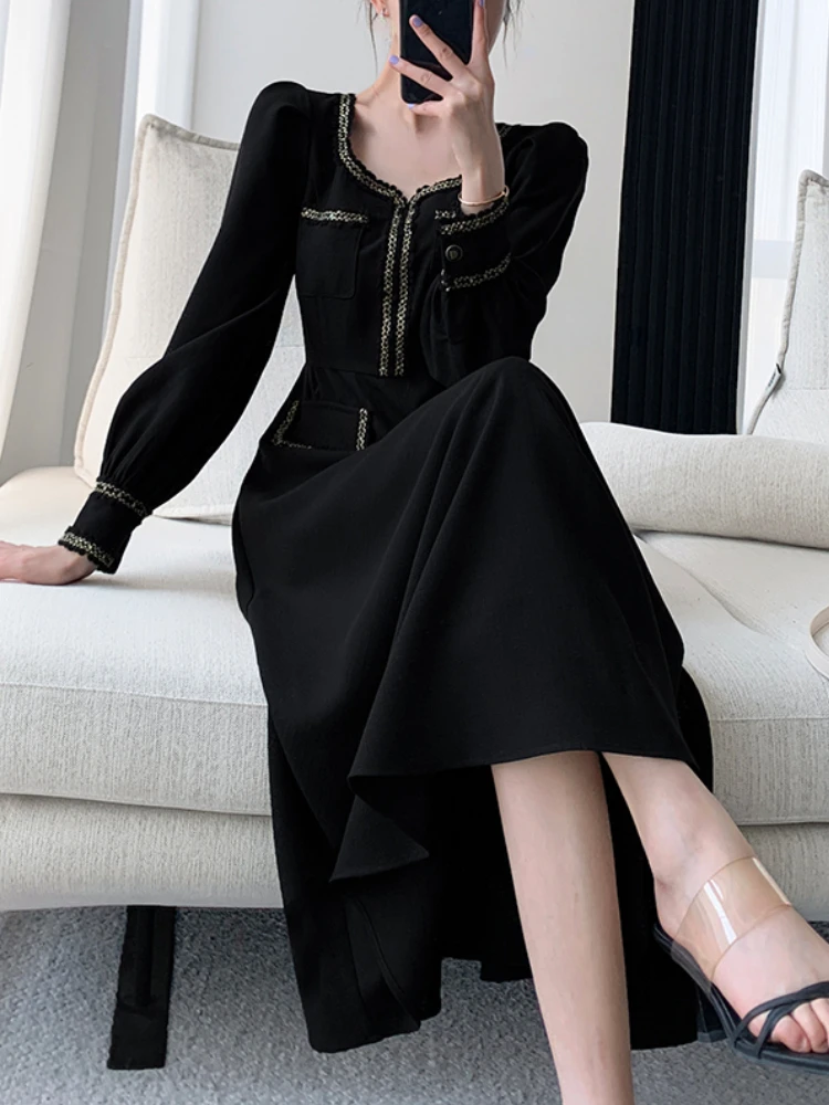 

Vintage Black Midi Dress Woman Slim Long Sleeve Elegant Dress Office Lady 2022 Autumn Design Casual Even Party Dress Korea Style