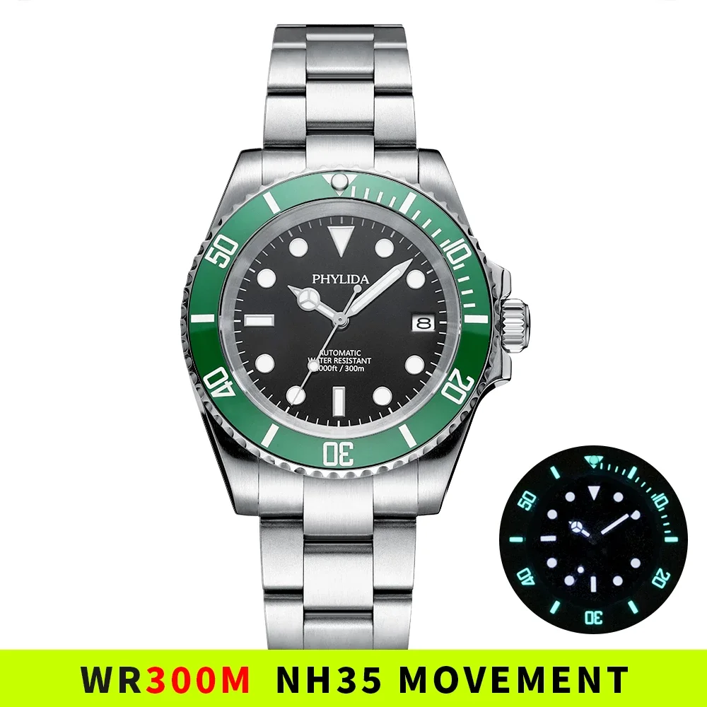 

NEW Fashion style PHYLIDA 40mm Men's Diver Watch Automatic nh35 Movement Sapphire Crystal Green Bezel