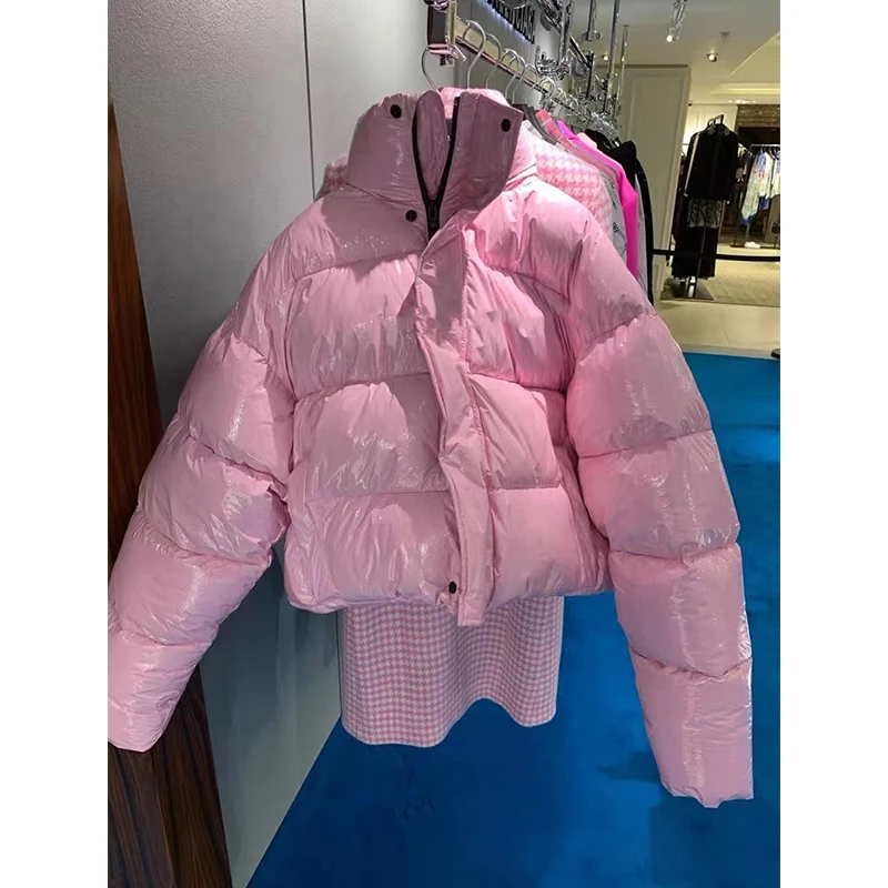 

Winter New Stand-up Collar Pink Patent Leather Bright Surface Age-reducing Bread Coat Short Thickened Coat Women's Down Jacket