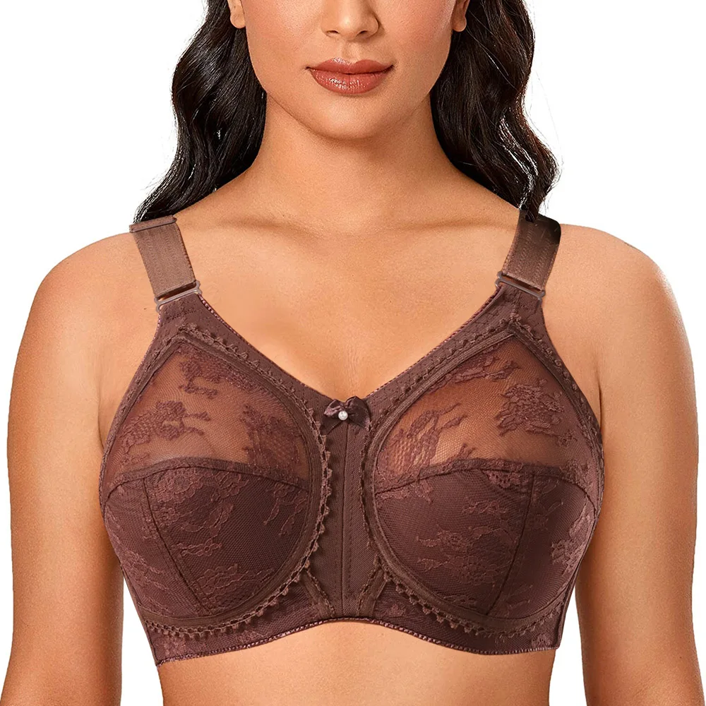Push Up Plus Size Lace Bras Unlined Wire Free Sexy Brown Lace Mesh Bra Women Sexy Lingerie Lace Bralette Big Size C D E F G H I