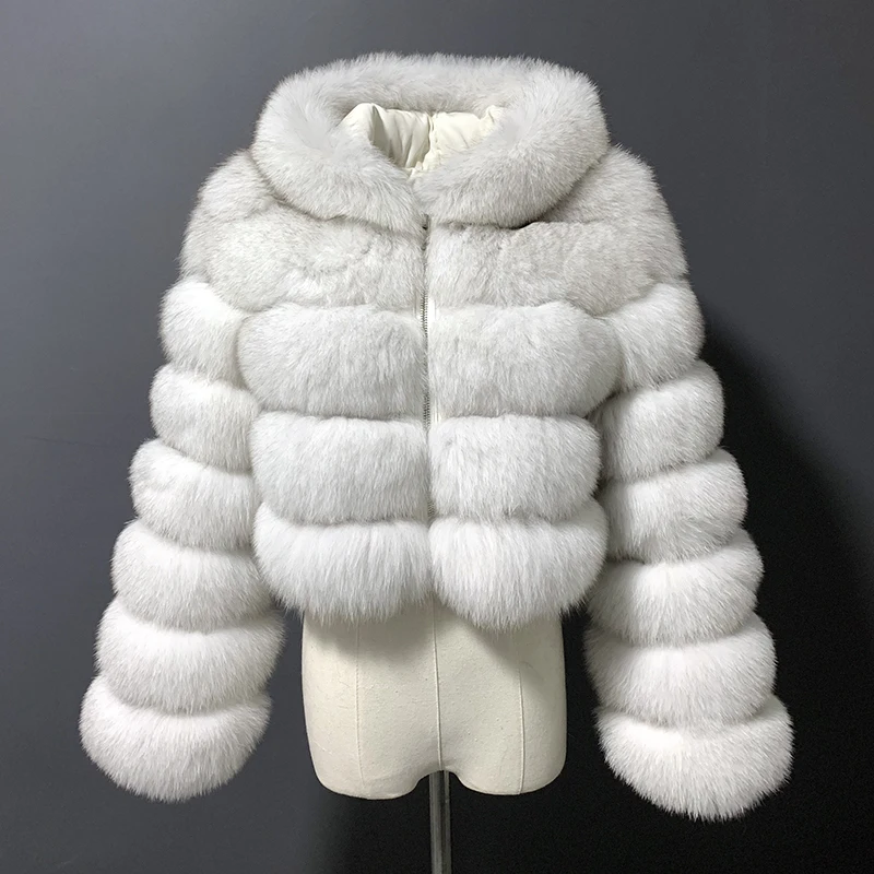 Real Fox Fur Hoodie Crop Coat Women Natural Fur Jacket With Hood Zipper Winter Fashion Warm Temperament Outwears For Women