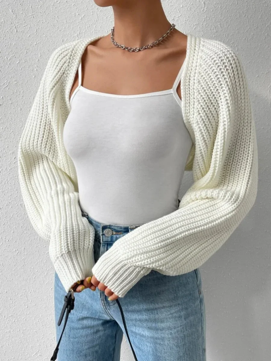 Women Shrugs Cropped Top Full Lantern Sleeve Knitwear Cardigan Long Solid Color Ribbed Knit Shrug Sweatet Tops Streetwear