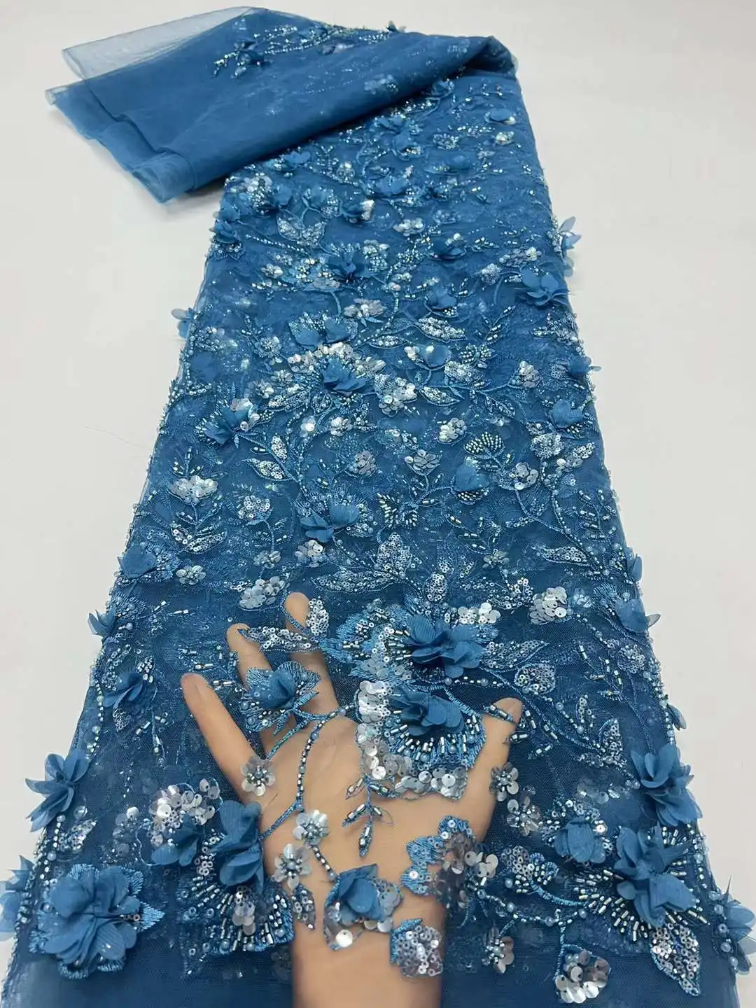 Новинка 2024 3D Цветочная вышивка для женского платья с бусинами Тюлевое кружево