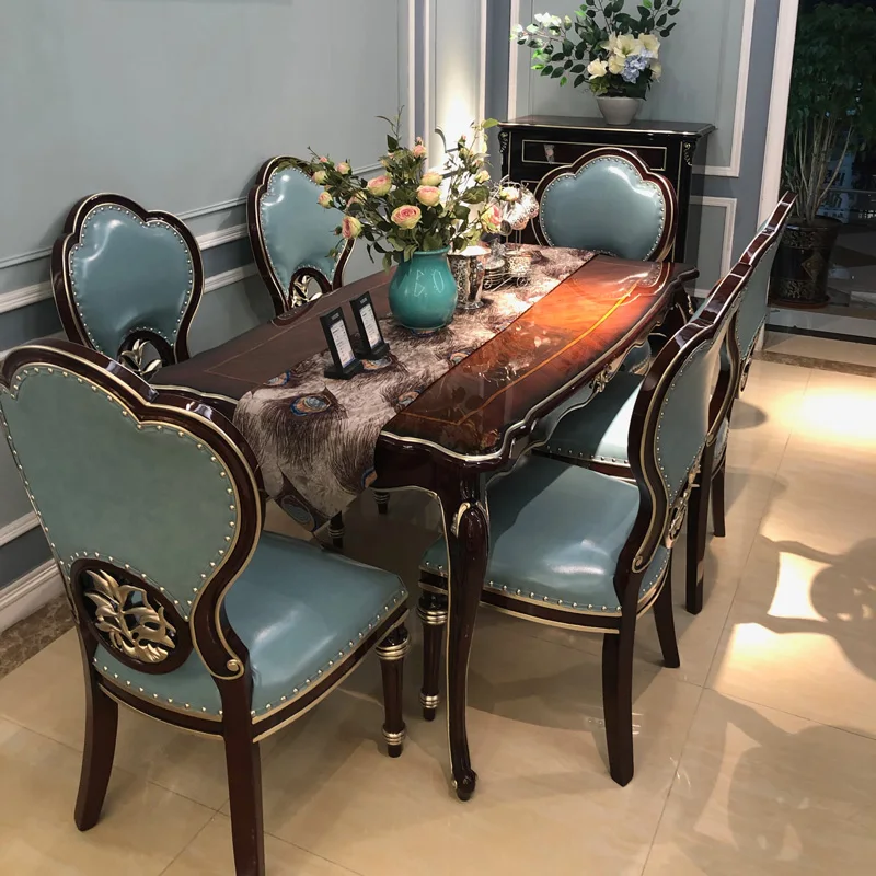 

European-style solid wood leather dining table and chairs European light luxury one table and six chairs ebony leather furniture