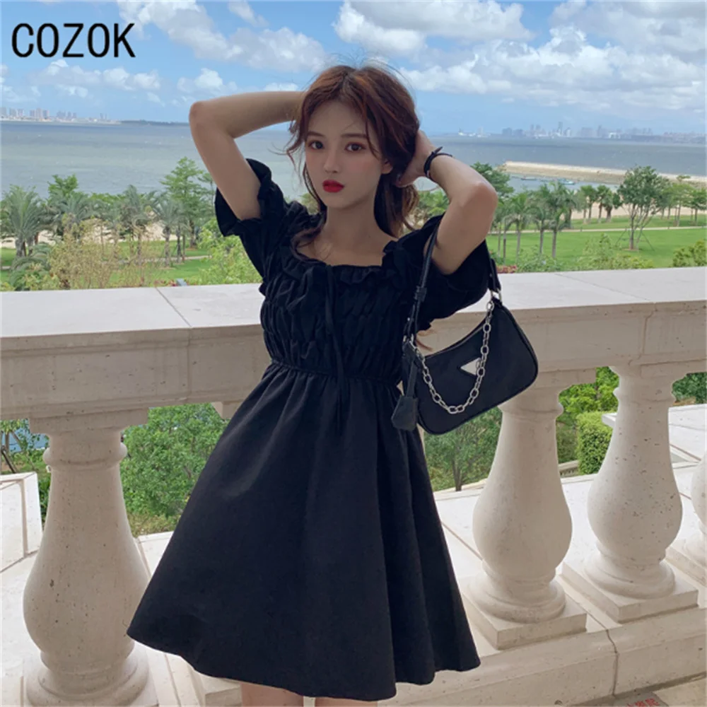 

2022 Summer Women's Birthday Dresses, Korean Style French Square Neck Puff Sleeve Short Skirt, Casual Pure Black A-Line Dress