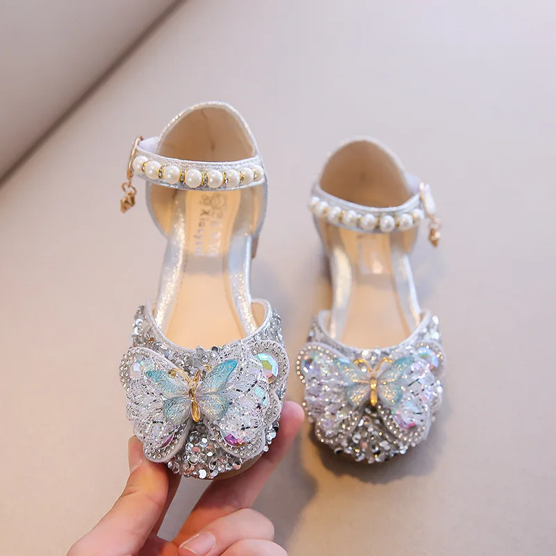 

Summer Girls Sandals Fashion Sequins Rhinestone Bow Girls Princess Shoes Big Girl Shoes Crystal Flat Heel Sandals Size 26-35
