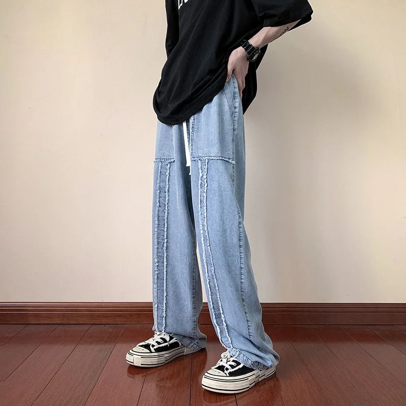 Plus Size 5XL-M Summer Fashion Front Burrs Design Loose Wide Leg Jeans Pants Men Clothing 2022 Simple Casual Denim Trousers Sale