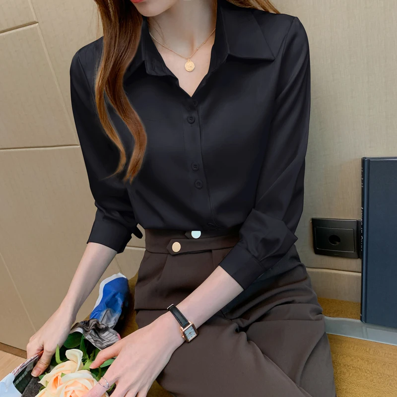 Women's Silk Shirts V-neck Solid Ladies' Tops Women 2021 Fashion Satin Long Sleeve Blouses Button Up White OL Vintage 17278 - купить