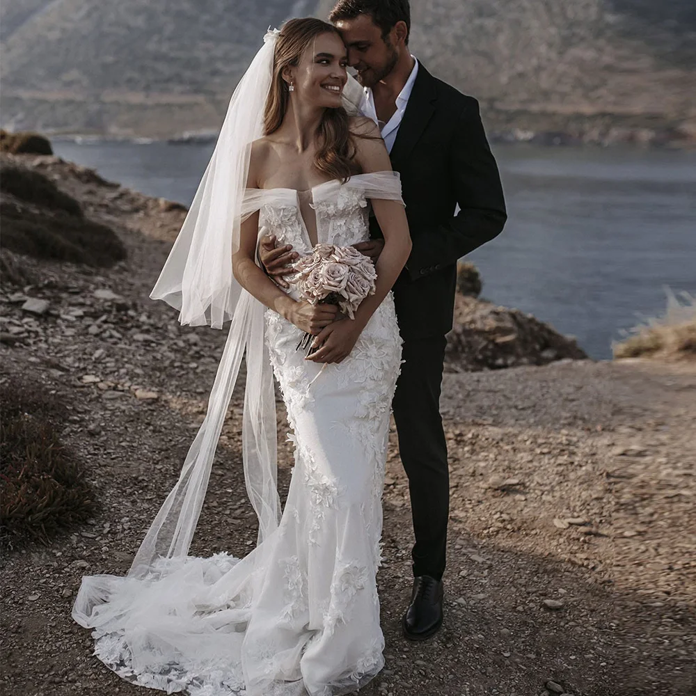 

Boho Wedding Gowns For Women 2022 Boat Neck Off The Shoulder Lace-up Wedding Dresses Lace Appliques 3D Flowers Vestido De Noiva