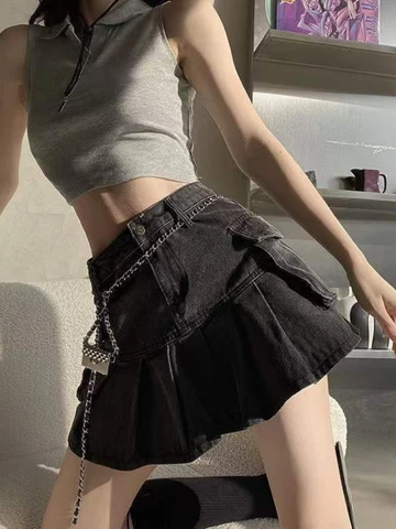 Женская джинсовая мини-юбка с завышенной талией, в стиле Харадзюку