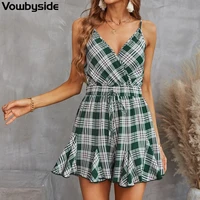 2022 summer womens jumpsuit plaid print suspender v neck ruffle casual rompers