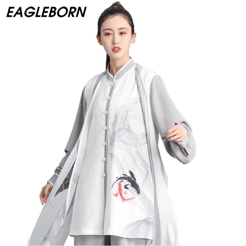 Traditional Chinese Clothing for Women Tai Chi Uniform Kung Fu Uniform Set Splash Ink Fish Tai Chi Diagram Landscape Painting