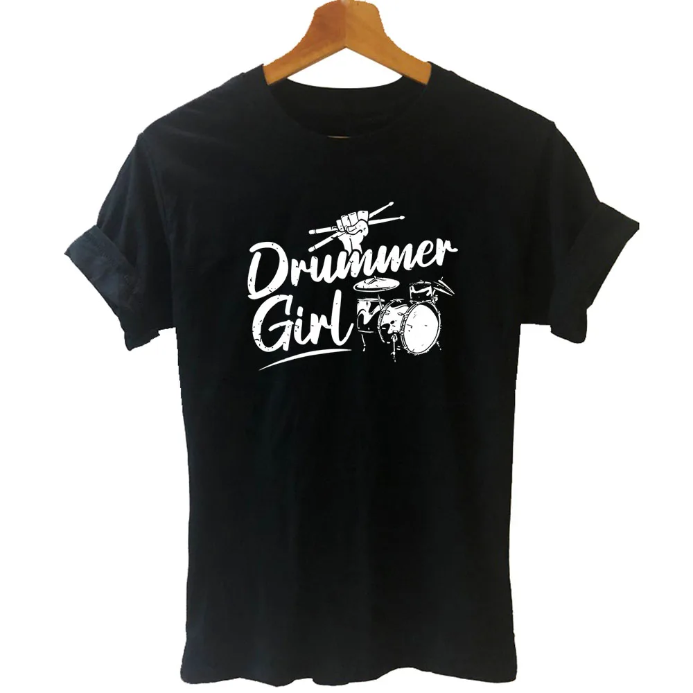

Drummer Girl Rock Music Player Print Graphic Women Tshirts Cotton Casual Funny T Shirt for Lady Yong Girl Top Tee Black White